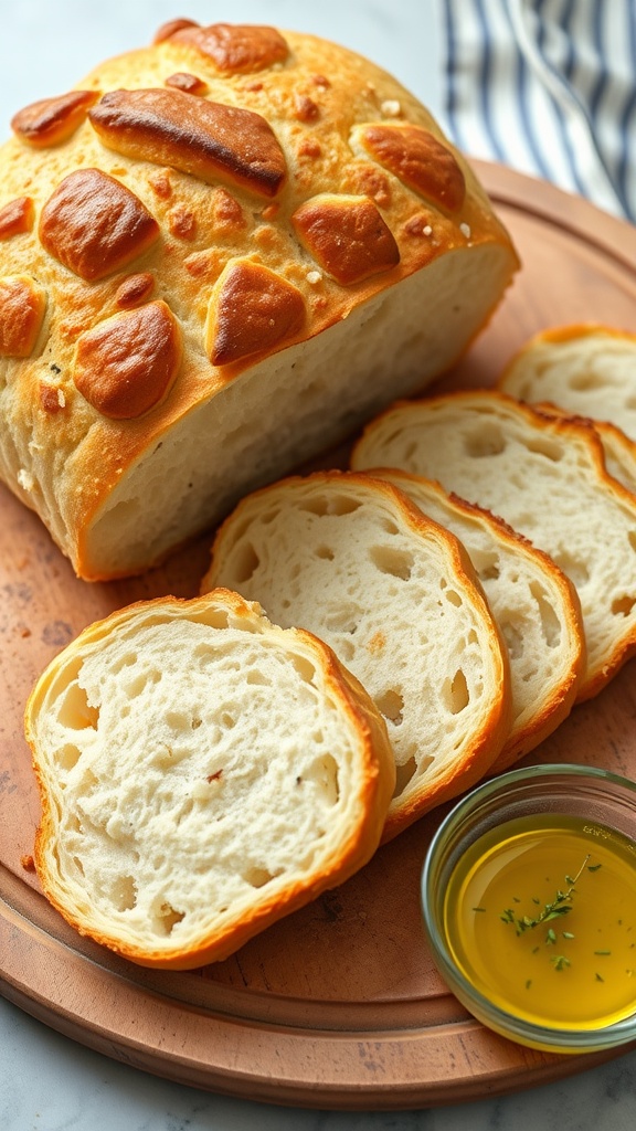 Golden crusted Greek yogurt bread sliced on a wooden board with olive oil and herbs.